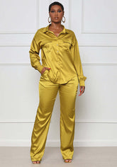 Two Piece Satin Shirt & Long Pants